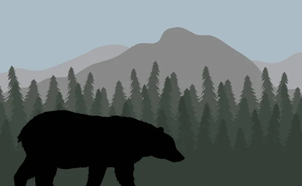 具有云杉林和高山的平坦景观中的矢量黑色灰熊轮廓 — 图库矢量图片