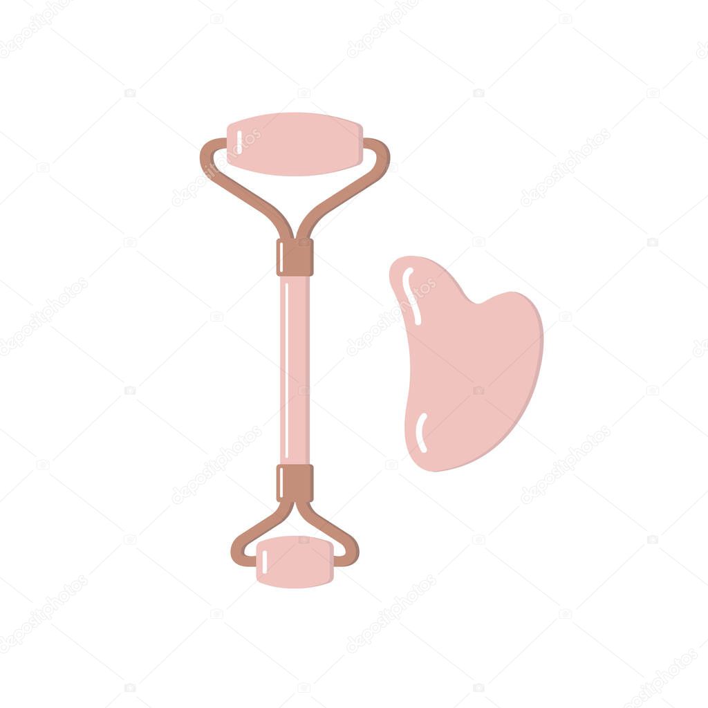 Vector flat rose quartz massage roller and gua sha isolated on white background