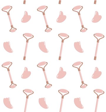 Düz çizgi film gül kuvars masaj silindiri ve gua sha beyaz arka planda izole