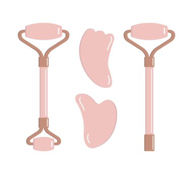 Düz çizgi film gül kuvars masaj silindiri ve gua sha beyaz arka planda izole.