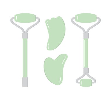 Düz nane rengi karikatür demeti yeşil masaj silindiri gua sha ve yağ şişesi beyaz arka planda izole