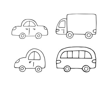 Beyaz arkaplanda izole edilmiş el çizimi çizimi çizim arabası vektörü demeti