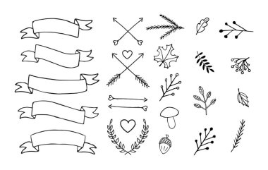 El çizimi karalama paketi vektörü beyaz arkaplanda izole edilmiş sonbahar elementlerini çiz