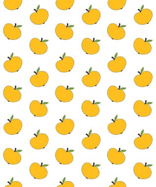 Sarı renkli el çiziminin vektörsüz deseni beyaz arkaplanda izole edilmiş elmalar.