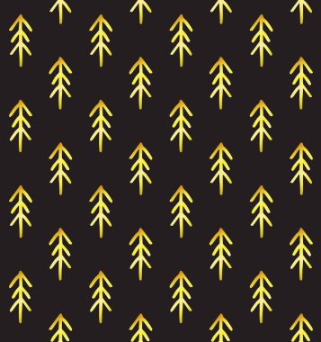 El çiziminin kusursuz deseni. Siyah arkaplanda izole edilmiş altın ladin ağacı çizimi.