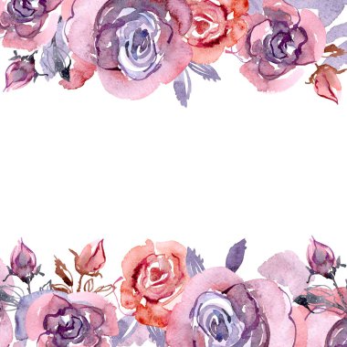 Şirin suluboya çiçek çerçeve. El ile pembe ve mor güller çiçek arka plan boyalı. Davet. Düğün kartı. Doğum günü kartı