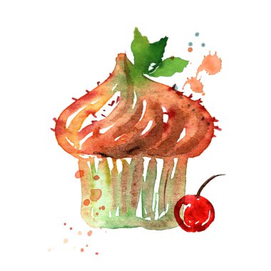 suluboya el illüstrasyon izole beyaz çöl ile boyalı. Kek krem, nane ve kiraz