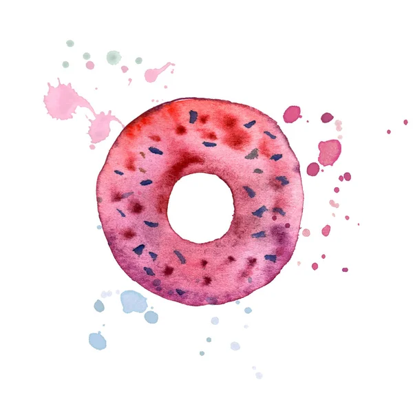 Acquerello Dipinto Mano Illustrazione Con Ciambella Rosa Isolato Bianco — Foto Stock