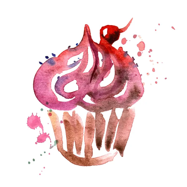 水彩手绘插图与沙漠孤立的白色 奶油和樱桃蛋糕 — 图库照片