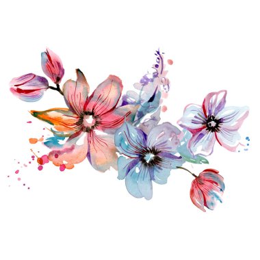 Pembe ve mavi çiçekler suluboya el boyalı. Davet. Düğün kartı. Doğum günü kartı