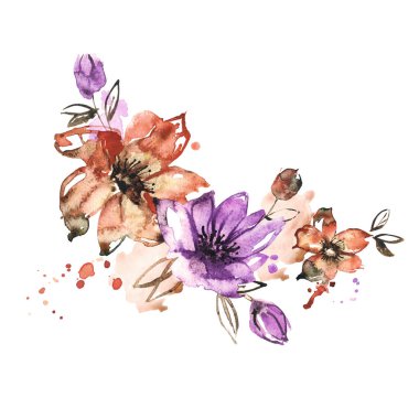 Pembe ve mavi çiçekler şirin suluboya el boyalı. Davet. Düğün kartı. Doğum günü kartı