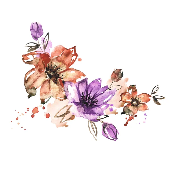 Pembe ve mavi çiçekler şirin suluboya el boyalı. Davet. Düğün kartı. Doğum günü kartı