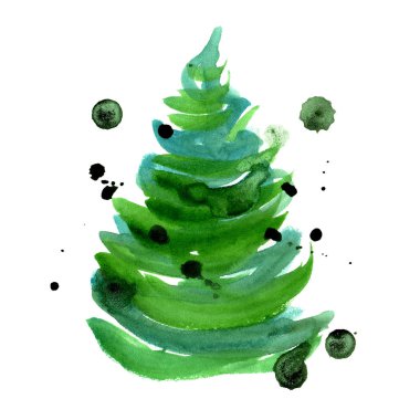 Soyut suluboya el boyalı beyaz izole yeni yıl ağacı