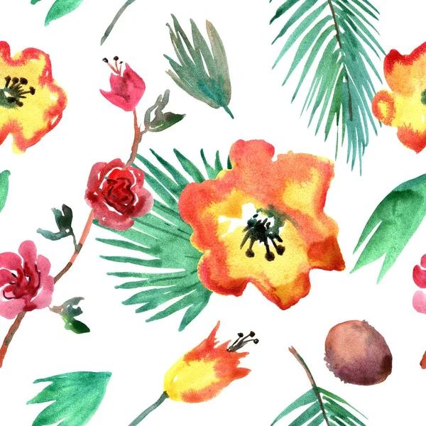 Akvarelu vzor bezešvé s tropických květin a palem — Stock fotografie