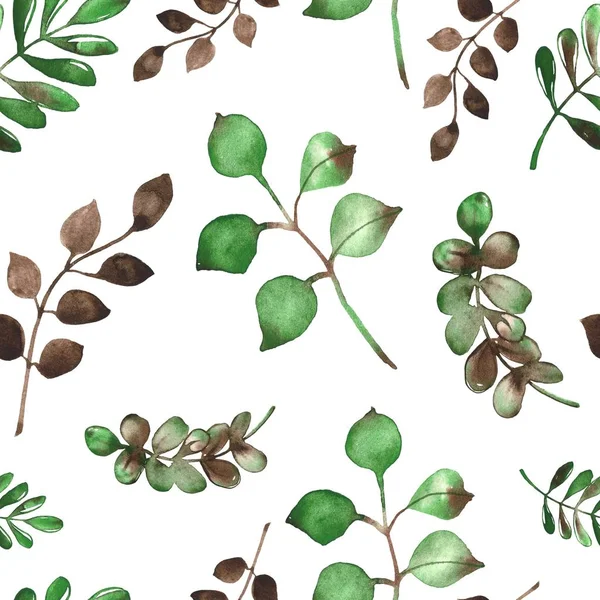手で水彩のシームレスなパターンを描いた緑と茶色の枝 — ストック写真