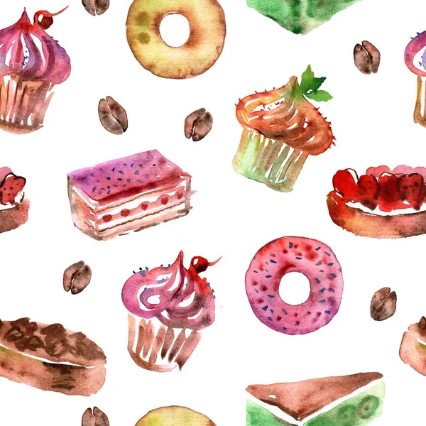 Watercolor seamless pattern with deserts, cupcakes, donuts and coffee