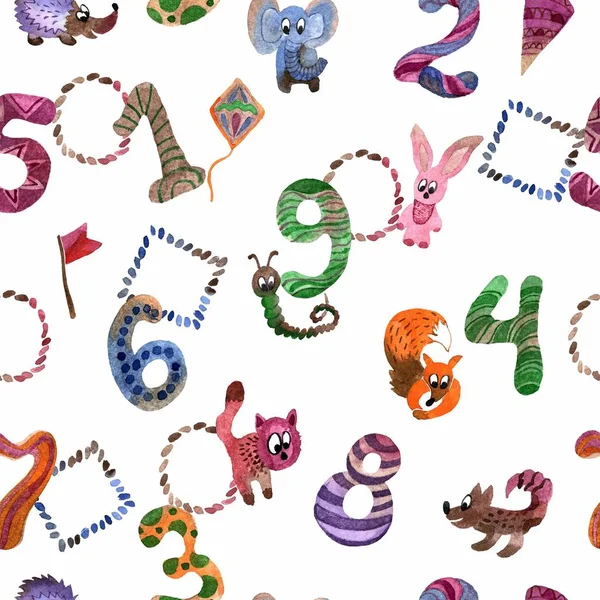 Aquarel handgeschilderde naadloze patroon met verjaardag nummers en fanny dieren — Stockfoto