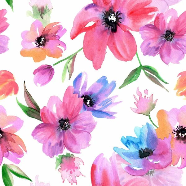 Watercolor seamless pattern with pink flowers