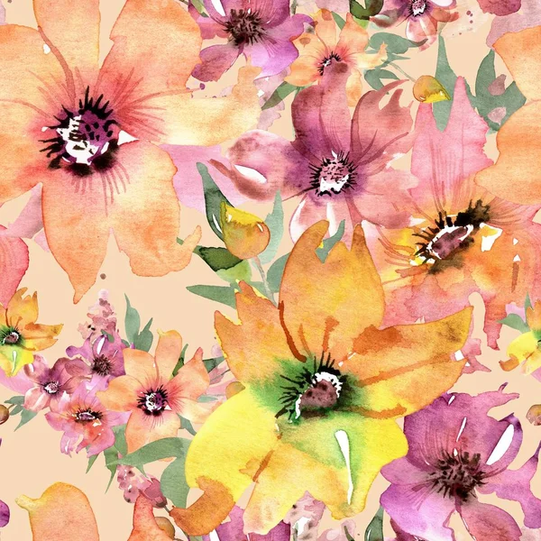 Watercolor seamless pattern withred and yellow flowers