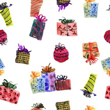 Çok renkli Noel hediye kutuları ile seamless modeli suluboya el boyalı