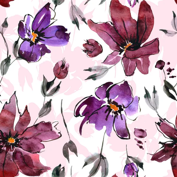 无缝的花卉图案与水彩花卉元素 免版税图库照片