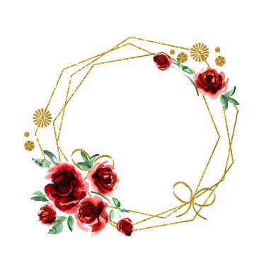 Suluboya el ile koyu kırmızı güller ve altın şekiller boyalı. Davetiye, düğün kartı, doğum günü kartı için.