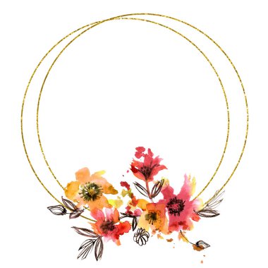 Suluboya el kırmızı ve turuncu çiçekli yuvarlak kare boyalı. Davetiye, tebrik kartı