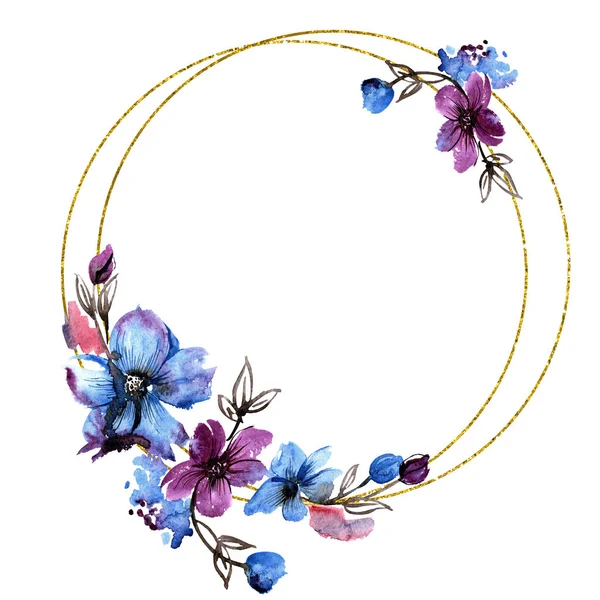 Akvarell, kézzel festett kék és lila virágok kerek keret. Meghívó, üdvözlőlap — Stock Fotó
