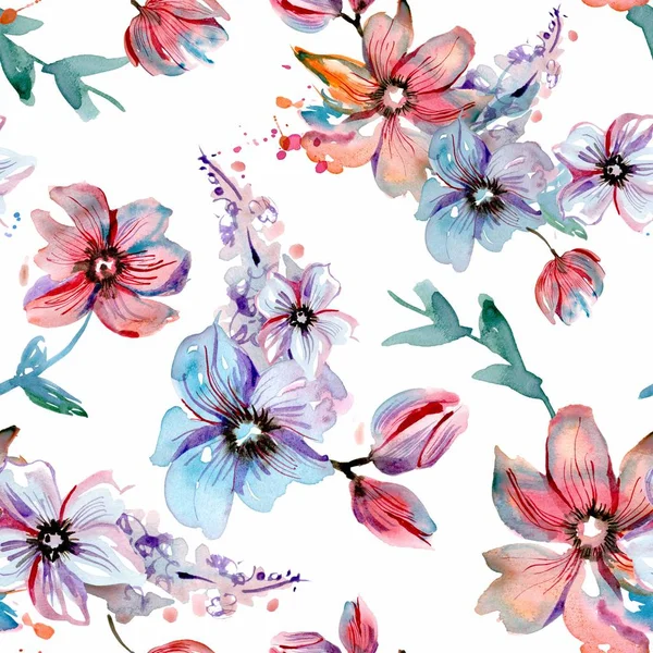 Watercolor hand painted seamless pattern with pink and blue flowers on a white background — Stock Photo, Image