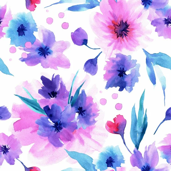 Акварель рукою пофарбований безшовний візерунок з рожевими і синіми квітами на білому тлі — стокове фото