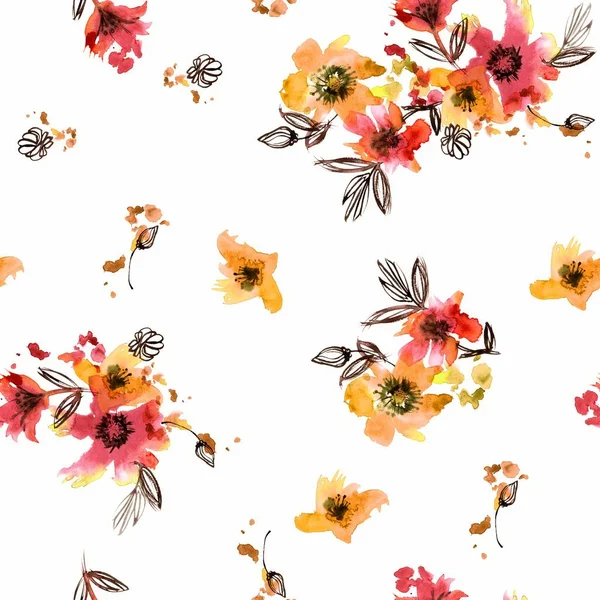 Aquarel handgeschilderde naadloze patroon met rode en gele bloemen op een witte achtergrond — Stockfoto