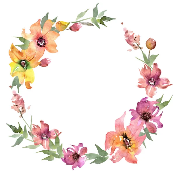 Watercolor Floral Wreath with Red and Yellow Flowers — Stock Photo, Image