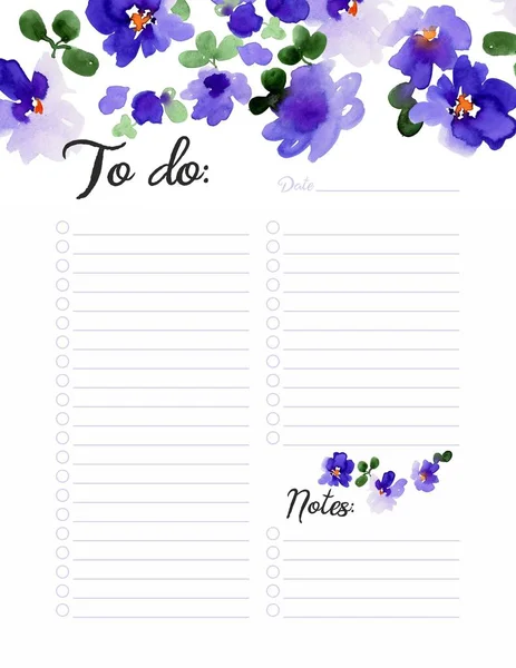 To do lista, napi tervező witn lila akvarell virágok — Stock Fotó