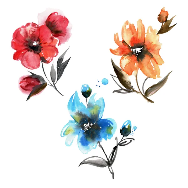 水彩画手绘红花、蓝花和橙花.设计要素 图库图片