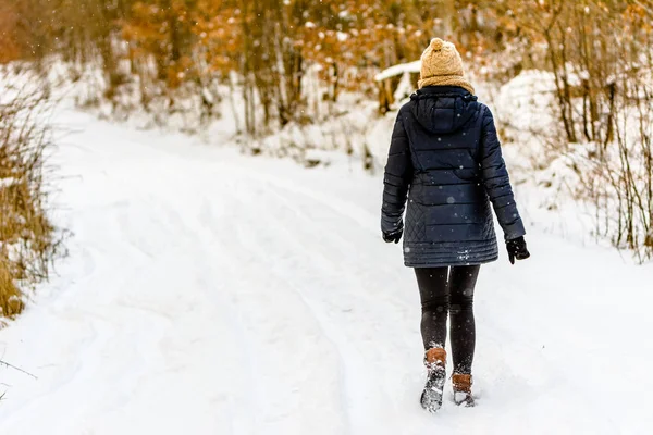Женщина Зимой Снежной Дороге Девушка Черном Пальто Вид Сзади Парке — стоковое фото