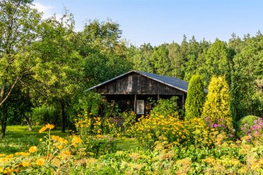 Ahşap evin arka bahçesinde çiçekler ile yaz bahçesinde. Kırsal kesimde kırsal yazlık.