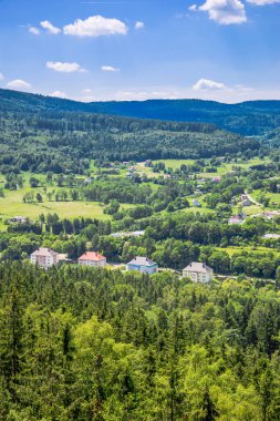 Yeşil vadi ve kent ormanında, manzara evleri, havadan görünümü