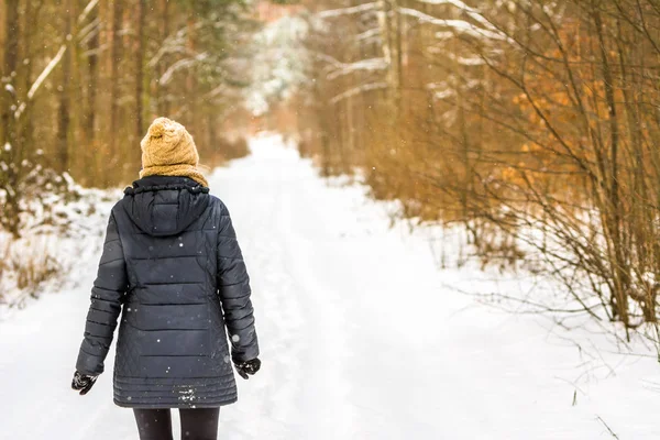 Woman Walking Snow Winter Girl Snowy Road Forest Stock Photo by