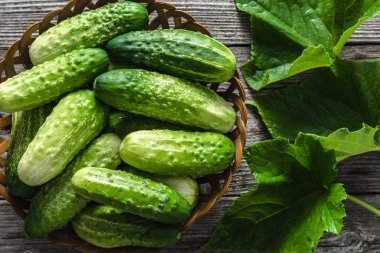 Sepet ile salatalık, taze sebzeler - organik ahşap arka plan üzerinde üretmek.