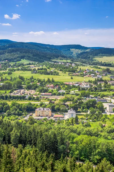 Flygfoto Över Landsbygden Landskapet Dalen Med Grön Stad Och Hus — Stockfoto