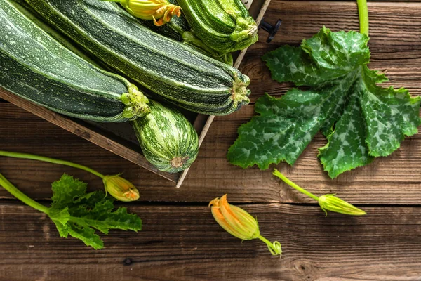 Bio Organiska Zucchini Bordet Bondens Marknad Med Grönsaker Låda Zucchini — Stockfoto