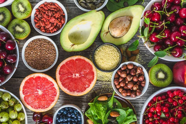 Selección Alimentos Saludables Comida Limpia Superalimentos Orgánicos Frescos Frutas Surtidos —  Fotos de Stock