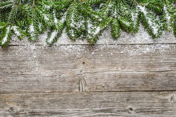 Abete Natale Con Neve Sfondo Legno Spazio Testo — Foto Stock