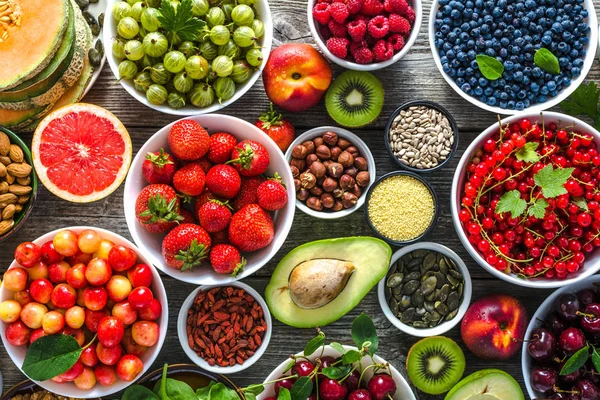 Επιλογή Των Τροφίμων Υγιή Superfood Διατροφή Detox Αντιοξειδωτικό Φρούτα Και — Φωτογραφία Αρχείου