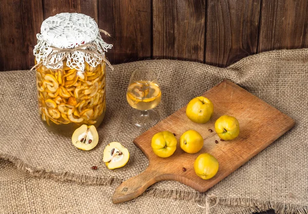 Jar Liquor Quince Fruits Wooden Table — Stock Photo, Image