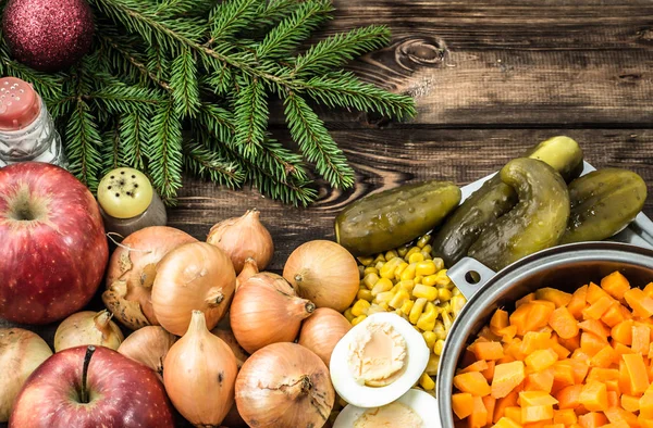 Ingredientes Para Ensalada Verduras Verduras Frescas Mesa Concepto Cocina Navidad — Foto de Stock