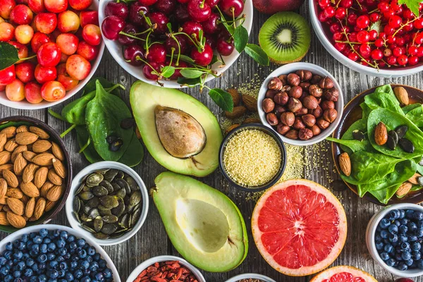 Selección Alimentos Antioxidantes Superalimento Saludable Desintoxicación Con Frutas Diversas Bayas —  Fotos de Stock
