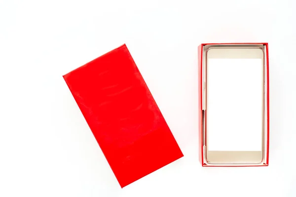 Nouveau Smartphone Box Paquet Cadeau Rouge Sur Fond Blanc — Photo