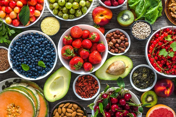 Fondo Alimentario Saludable Mesa Con Desayuno Cuencos Superalimentos Nutrición Vegetariana —  Fotos de Stock