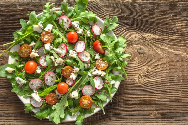 Comida Dietética Ensalada Verduras Frescas Con Hojas Rúcula Vista Superior —  Fotos de Stock